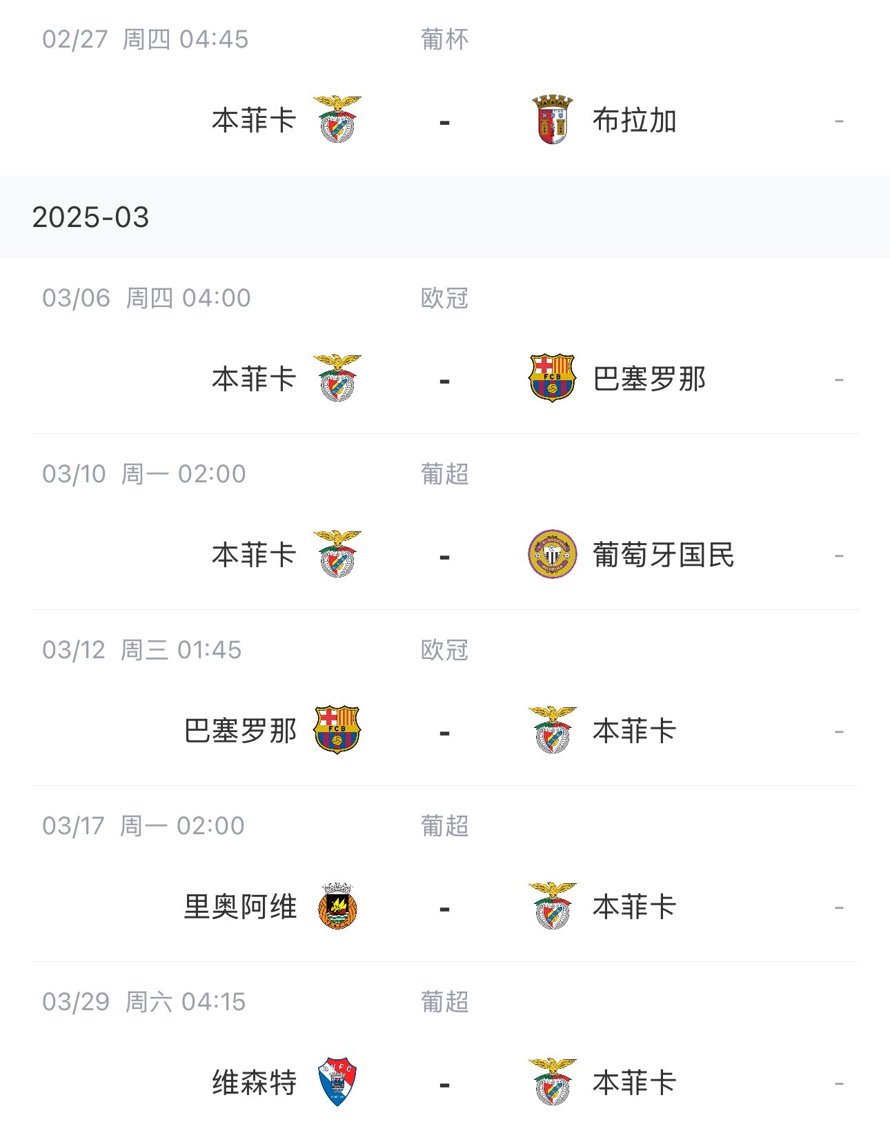 讓路歐冠！本菲卡戰(zhàn)巴薩首回合比賽前的葡超比賽推遲進(jìn)行
